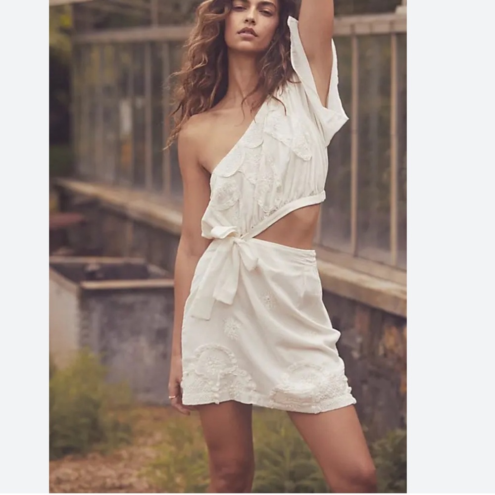 Free People Opal Mini Dress Size 8 Women Boho Cotton One Shoulder Embroidered